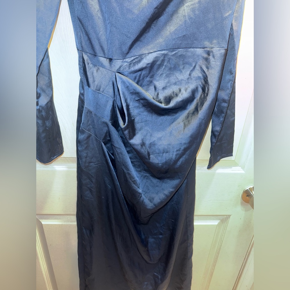 Elegant Navy Blue Women's Draped Long-Sleeve Dress